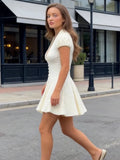 MQTIME  -  Women Solid Polka Dot Mini Dress Deep V Neck Puff Sleeve Pleated Front Button A-line Short Dresses Elegant Party Lady Gown
