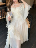 MQTIME  -  Summer French Elegant Women Midi Dresses New Vintage Folds Solid Ruffle Party Robe Fairycore Neck Mounted Fashion Lady Maxi