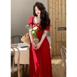 MQTIME  -  French Vintage Midi Dresses for Women Summer Print Elegant Party Sweet Female Clothes Korean Casual Red Evening Dress