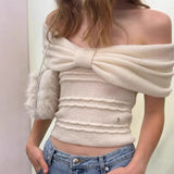 MQTIME  -  Women Knitting Top Off The Shoulder Sweater 2025 Women's Pure Desire Knit Top Designer Off Shoulder Bow Detail Slim Fit Sweater