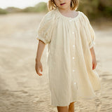  MQTIME  -  100% Cotton Muslin Short Puffed Sleeves Girls Dress New Casual Chic Double Gauze Scoop Neck Buttons Loose Summer Dresses