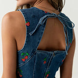 MQTIME  -  Spring O Neck Slim Straight Dress Vintage Strawberry Print Denim Dresses Women Summer Sleeveless Backless Tie-up Mini Dress