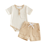 MQTIME  -  Infant Boys 2-Piece Summer Set with Short-Sleeve Striped Romper and Shorts - Adorable Newborn Clothing for Warm Weather
