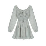 MQTIME  -  Women 2024 Summer New Gray Elegant Ruffles Lace-up Pleated Mini Dress French High Waist Long Sleeves Vacation Short Dress Simple