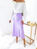 MQTIME  -  Women Chic Satin Solid Midi Skirt Lady High Waist Zipper Slim Calf-length Loose Fishtail Skirts Daily Street Casual Wear