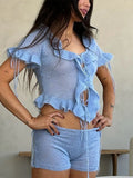 MQTIME  -  Ruffle Lace Up Knitted Sweater Shirt Top Shorts 2 Piece Set Strap Bow Sexy Exposed Waist T-Shirt Blouse V-Neck Cardigan Knitwear