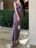 MQTIME  -  Summer Purple Satin Backless Long Dress Elegant Women Sexy V-neck Bodycon Dresses Ladies Vintage Evening Party Dress Vestidos