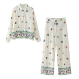 MQTIME  -  Flower Print Trousers Suits Women 2 Pcs Casual Turn Down Collar Long Sleeve Lady Shirt Sets Wide Leg Pants New Chic Spring