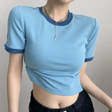 MQTIME  - Women Korean Fashion Patchwork Skinny Elastic Summer Short Tops Blue Casual O-neck Short Sleeve T-shirts Female Tees Streetwear