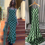 MQTIME  -  Vintage Green Plaid · French Light Luxury Diagonal Cut Silk Double Crepe Large Swing Fishtail Skirt Long Strap Dress