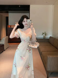 MQTIME  -  Summer French Design Elegant Sundress Women  Sleeves Floral Midi Dress Beach Style Casual Fashion Party Dress Korean