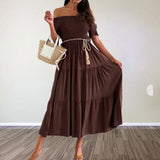 MQTIME  -  Solid Color Off Shoulder Pleated Women's Long Dress Summer Simple Short Sleeved High Waist Dress Beach Hollow Out Loose Dresses