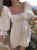 MQTIME  -  Summer New Princess Dress Square Collar Cotton A-line White Dress Embroidered Lace Mini Dress Open Back Vestidos