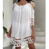 MQTIME  -  Solid Color Beach Cover Ups Lace-up Bandage White Beach Dress Splice Lace Transparent Sexy Swimwears Bathing Suit Beachwear
