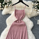 MQTIME  -  Summer New Knitted Pleated Long Dress High Waist Midi Sling Dresses Elegant Sleeveless Women Streetwear Black Bodycon Vestidos