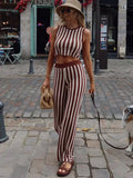 MQTIME  -  Fashion Striped Printed Sleeveless Women Tops Suits Casual O Neck Straight Pants Sets 2024 New Chic Female Office Outfits