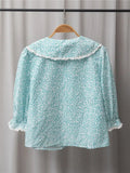  MQTIME  -  Price Women Print Peter Pan Collar Sweet Cotton Green Lace Stitching Blouse