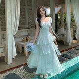 MQTIME  -  Elegant Vintage Tierred Floral Summer Women Dress Female Patchwork Long Fairy Dress Female Casual Evening Party Dress