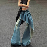 MQTIME  -  Blue fake two-piece jeans female autumn and winter 2024 new retro niche design sense irregular skirt flared pants wide-leg pants