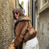 MQTIME  -  Brown Faux Shearling Trimmed Horn Button Short Jacket Women Patchwork Full Sleeve Oversize Coat Winter Cozy Stylish Outerwear