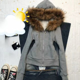 MQTIME  -  Vintage Y2k Gothic Hoodie Women Winter Aesthetic Letter Fur Collar Zipper Sweatshirt 2000s Streetwear Fashion Slim Jacket New