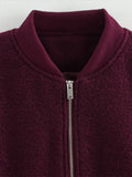 MQTIME  -  Casual Zipper Woolen Coat Women Vintage O Neck Long Sleeve Pocket Lady Bomber Jackets 2025 Early Spring Fashion Female Outwears