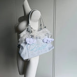 MQTIME  -  Y2K Aesthetic Cloud Decor Canvas Bag Women Detachable Star Pendant Silver Top Handle Fairy Coquette Daily Commute Handbag