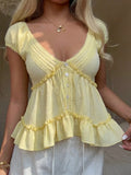 MQTIME  -  Women Summer Vacation Cute Elegant Yellow Frill Ruffle Trim Single Breasted Shirt Blouse Top Ladies Beach Holiday Daily Wear