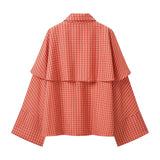 MQTIME  -  Stand Collar Plaid Cape Overcoat Tie Front Outerwear Autumn omen Retro Street Fashion Jacket Chic Outdoor Ladies Outer Top