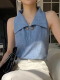 MQTIME  -  Temperament Lapel Blouse Women Sleeveless Off Shoulder Blue Shirts Office Lady Formal Elegant Fashion Tops Summer Chic