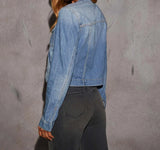 MQTIME  -  Autumn New Women's Slim Fit Short Style Collarless Long Sleeved Denim Jacket with Multiple Pockets Workwear Jacket