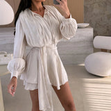 MQTIME  -  Women Temperament Lantern Sleeve Cocktail Club Dress Elegant Lady Belt Mini Party Dress 2025 Show Style Solid Color Ruffle Dress