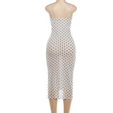 MQTIME  -  Polka Dots Print Sheer Mesh Camisole Midi Dress Women Sexy Lace Patchwork Spaghetti Straps Backless Bodycon Party Robe Clubwear