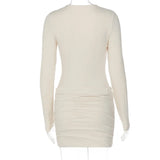 MQTIME  -  Women Solid Basic Ruched Bodycon Mini Dress Sexy V Neck Long Sleeve Peach Hips Slim Party Clubwear Autumn Casual Streetwear