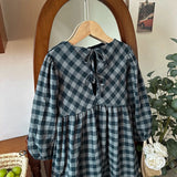  MQTIME  -  Retro Cotton And Linen Long-Sleeved Plaid Dress Girls 2026 Spring New Chic Back Lace-up Loose Pleated Children's Dresses
