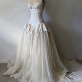 MQTIME  -  Vintage Women's White Strapless Lace Wedding Dresses A Line Sleeveless Chapel Train Bridal Gown Formal Party Female Outfit