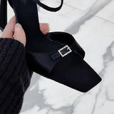 MQTIME  -  Sparkling Diamond Buckle Stiletto Heels Women's New Black Versatile Slotted Buckle Strap Open Toe Square Toe Sandals