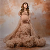 MQTIME  -  Luxury Nude Tulle Maternity Dress Photoshoot Mermaid Voluminous Ruffle Train Maternity Photoshoot Baby Shower Dresses with Shawl