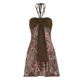 MQTIME  -  Vintage Y2k Flower Print Halter High Waist A-LINE Sleeveless Short  Dresses