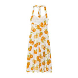  MQTIME  -  Casual Print Halter Dress Women Elegant V-neck Sleeveless Backless High Waist Loose Midi Dresses Summer Lady Vacation Robe