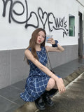 MQTIME  -  Vintage Blue Plaid Sleeveless Dress Low Wasit Mini Pleated Dresses for Women Summer Korean Fashion Retro Slim Clothes