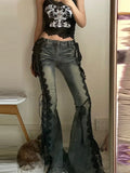  MQTIME  -  American High Street Spice Girl Black Lace Strap Lace-up Denim Flared Pants Slim-fit Split Low Waisted Jeans Women