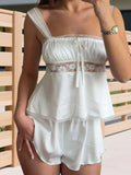 MQTIME  -  Women s Lace Trim Square Neck Sleeveless Cami Pajama Set with Elastic Waist Mini Shorts - 2 Piece Sleepwear Outfit for a