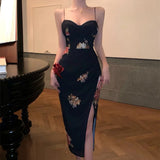 MQTIME  -  Elegant Vintage Print Floral Split Dress Summer Sleeveless Spaghetti Strap Backless Long Dress Evening Party Birthday Dresses
