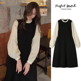 Mqtime Maternity Stitching Fake Two-piece Clothes French Temperament Pregnancy Palace Sleeve Long-sleeved Dress 2024 Spring Autumn New