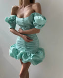 MQTIME  -  Chic Pleated Mint Aqua Short Prom Gown 2024 Party Dresses with Buttons Slim Women Formal Occasion Dress Vestidos de fiesta