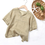 MQTIME  -  100% Ramie Drop-Shoulder Loose Kid's Short-Sleeve T-Shirt  Summer New Casual V-Neck Boys And Girl Shirt Simple Children's Tops
