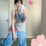 MQTIME  -  American Summer Fashion Cross Halter Sleeveless Tank Tops Y2k Aesthetic Letter Print Lrregular Design Grunge Shirts Harajuku Tee