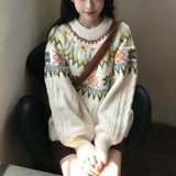 MQTIME  -  Women Knitting Sweater Winter New Women's Retro O-neck Sweet Sweater Fair Isle Jacquard Korean Lazy Knit Top