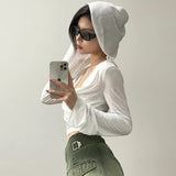 Mqtime Streetwear Solid Color All Match Hooded Long-sleeved T-shirt Women Summer New Korean Pleated Sexy Slim Thin Crop Tops